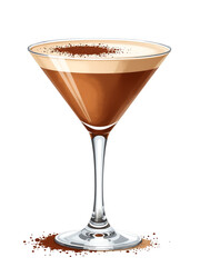 watercolor illustration shows espresso martini cocktail martini glass topped coffee foam cocoa