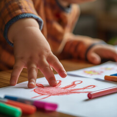 Child drawing Thanksgiving turkey with crayons at table