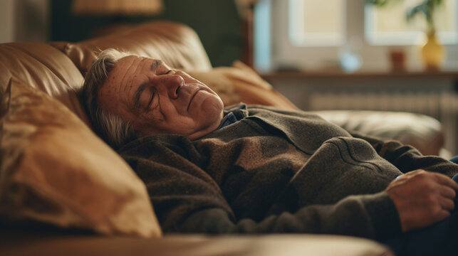 Senior man sleeping on couch in cozy living room