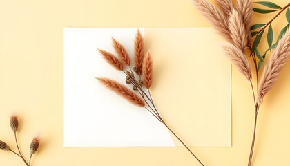 White invitation card mockup with a reed pampas decoration on the soft yellow background. 5x7 ratio, similar to A6, A5, Paper Cutout style. White tone