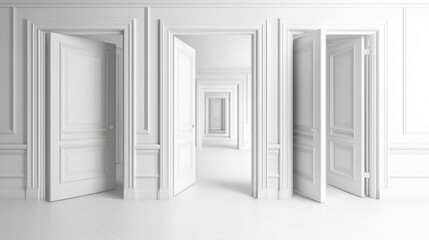 Three open doorways in a monochrome interior.