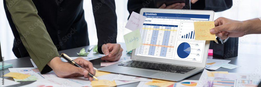 Poster analyst team use sticky note for creative and analytic brainstorm for business idea with bi data das