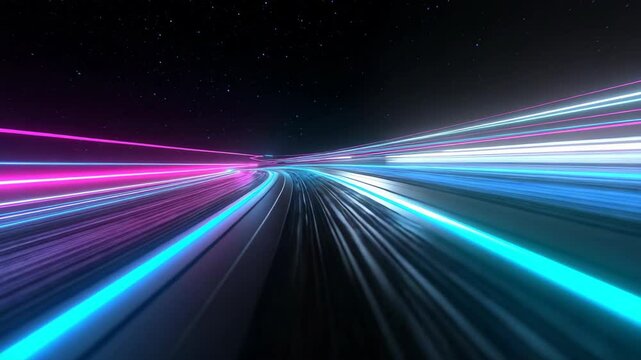 Cyberpunk highway with abstract neon light streaks moving through a cosmic space tunnel with stars. Futuristic motion background of glowing data stream.