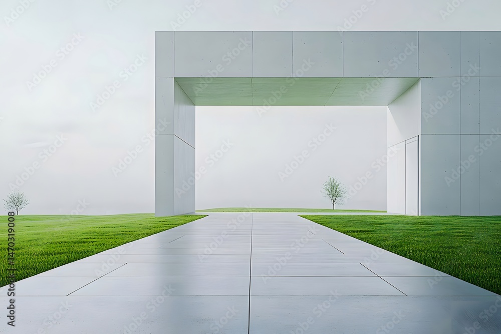 Poster ミニマリスト建築 白色の構造体と緑の草地の風景 ミニマルな視点