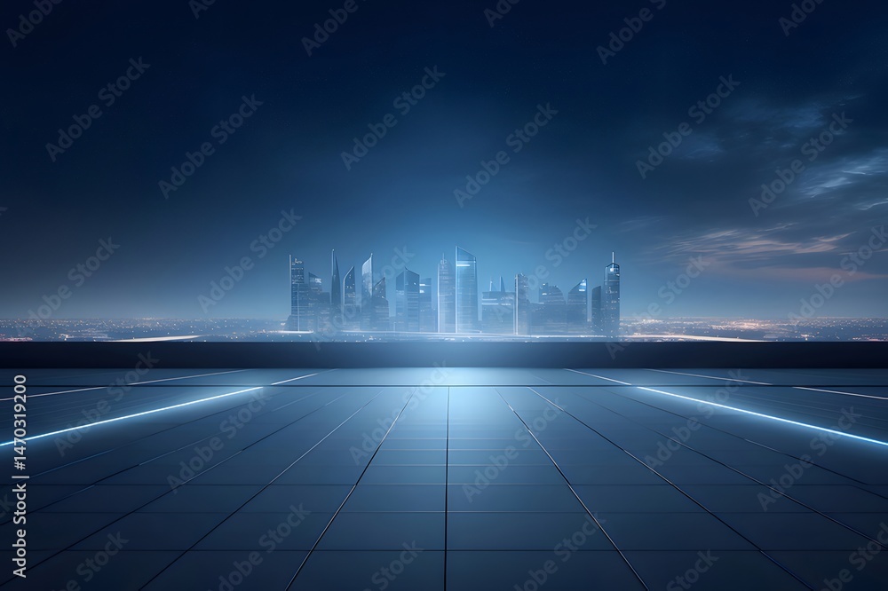 Poster 青色のライトが照らす都市のスカイライン 夜空とモダンな建築が未来的な都市景観を作り出す