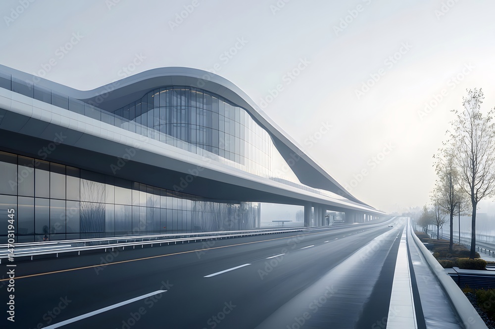 Poster 現代的な白い建築物が特徴的な街並みと高速道路の風景、青空の下で曲線的なデザインが美しい都市景観