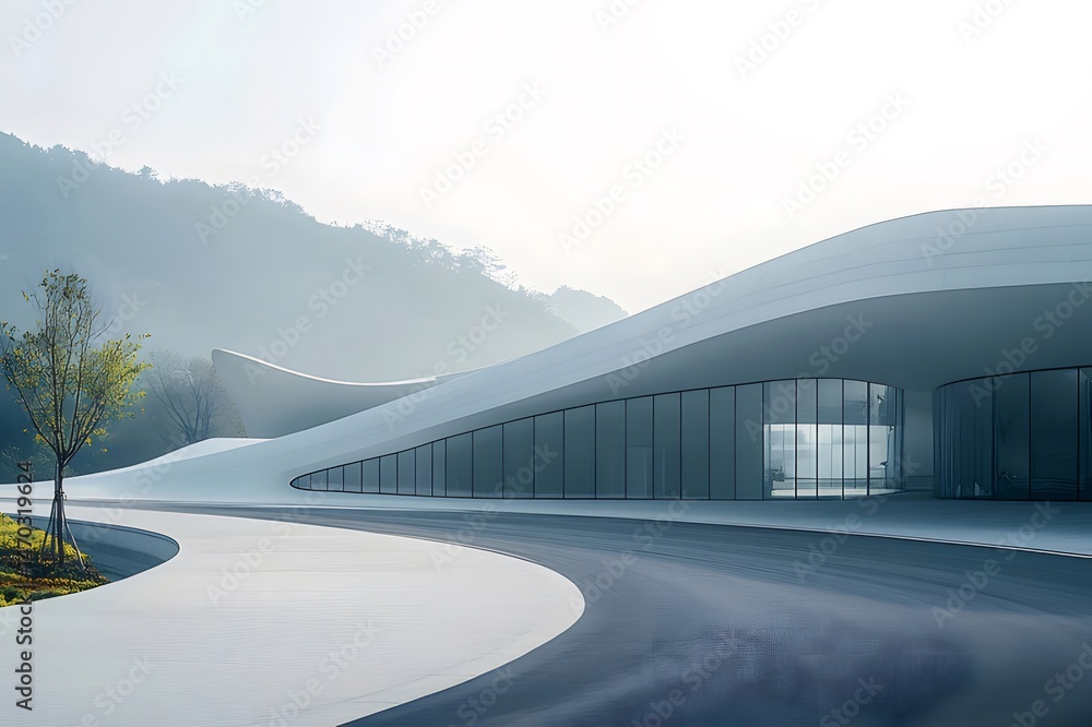 Aufkleber 白い湾曲した屋根のモダンな建物 デザインが特徴的な建築物 山と空を背景にしたミニマルなデザインの構造物