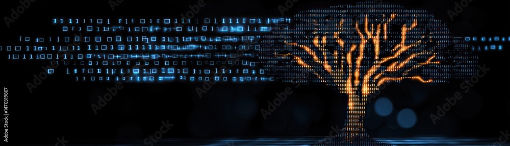 Poster Digital binary data streams depicting an illuminated tree figure concept