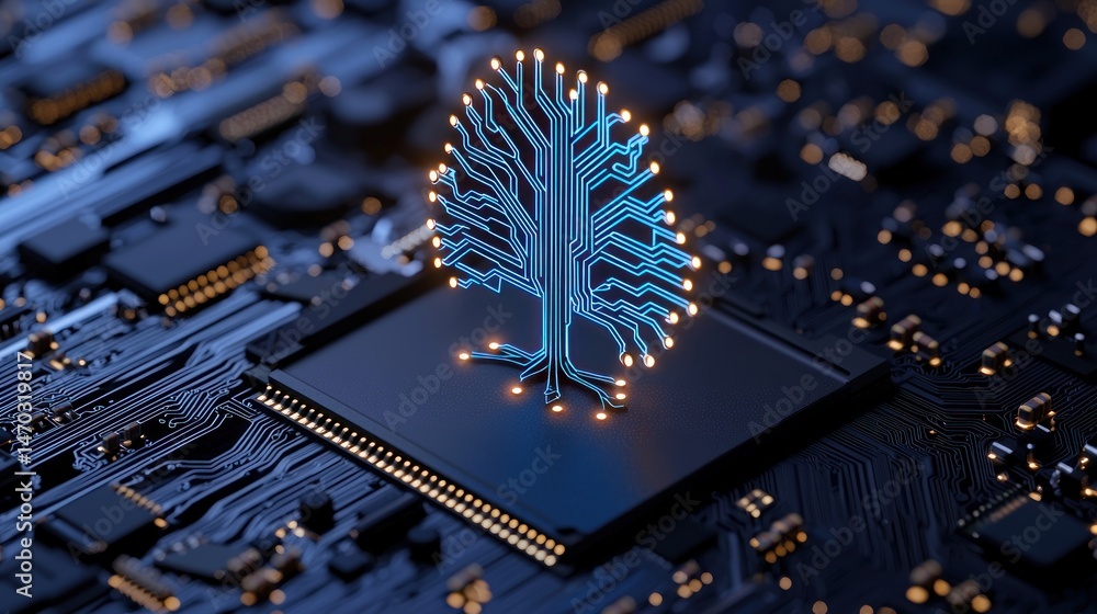 Poster a glowing circuit board tree design depicting technological growth