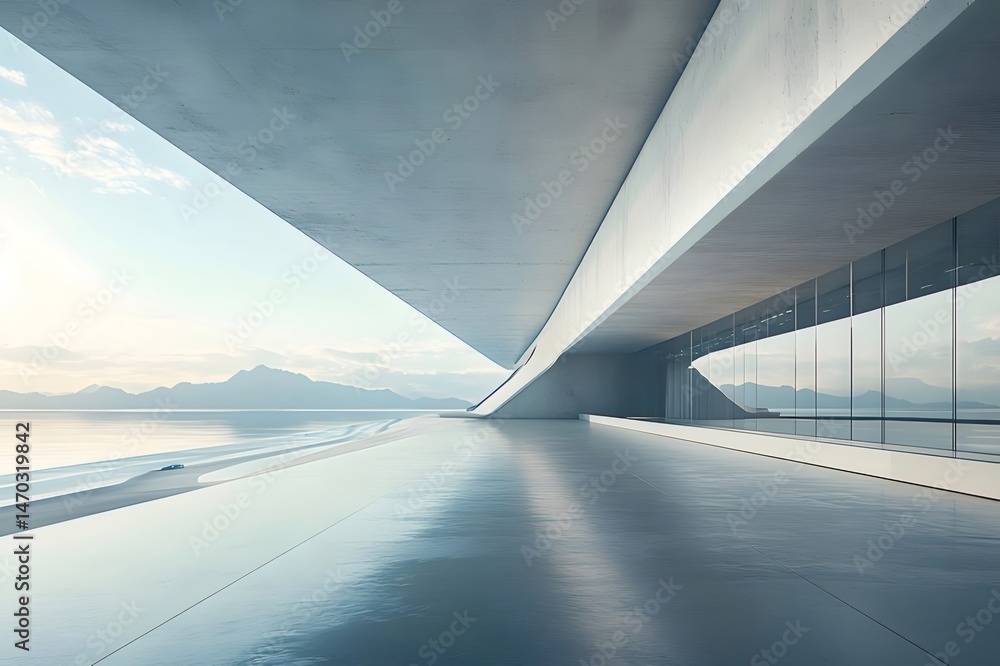Poster 湾の景色のコンクリート建築 ミニマルなデザインのモダンな建物 青い空と水面を背景にした幾何学的な構造