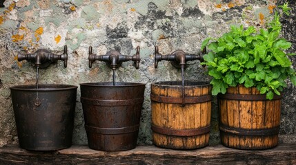 An arrangement of water spouts and rustic wooden containers are present