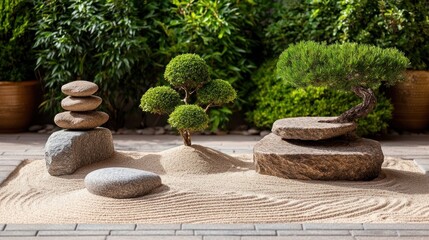 A serene zen garden with rocks sand and small plants