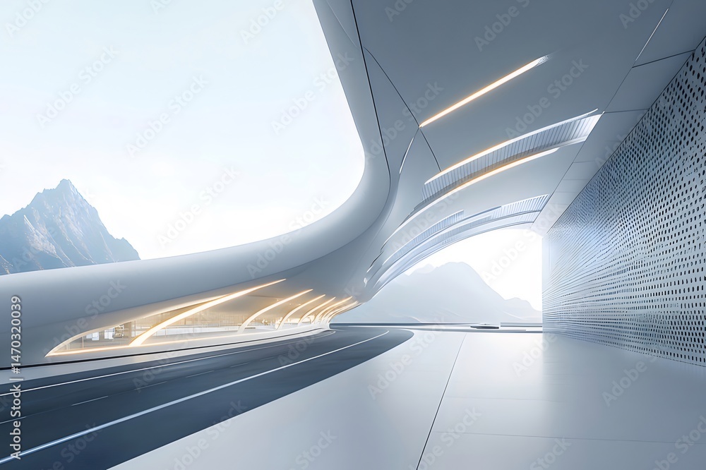 Poster 抽象的な建築構造 白い未来的なデザイン 曲線トンネルの内部空間 ミニマリズムの背景と幾何学的パターン