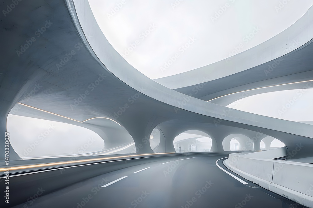 Poster 白の高架道路と高速道路の交差点の現代建築 都市交通インフラ ストリートレベルのローアングルビュー