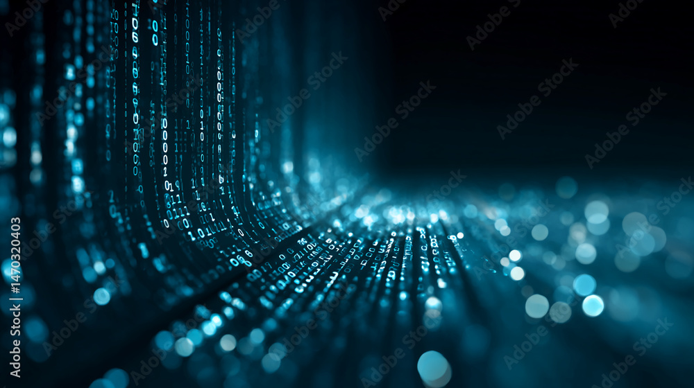 Poster abstract image of teal binary code flowing, creating a dynamic, technological feel, symbolizing digi