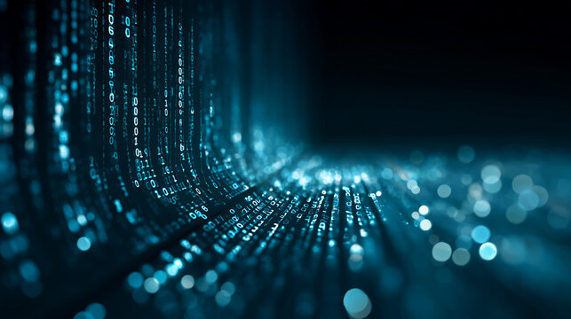 Abstract image of teal binary code flowing, creating a dynamic, technological feel, symbolizing digital data, innovation, and the future