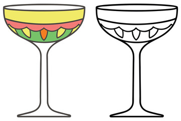 Two simple champagne glasses depict color and outline versions side by side