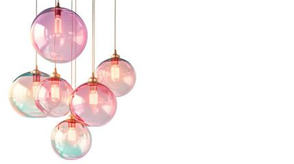 A cluster of pastel-colored glass pendant lights hangs against a black background.  The lights vary in shade of pink and teal