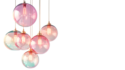 A cluster of pastel-colored glass pendant lights hangs against a black background.  The lights vary in shade of pink and teal