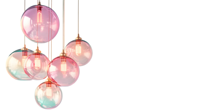 A cluster of pastel-colored glass pendant lights hangs against a black background. The lights vary in shade of pink and teal