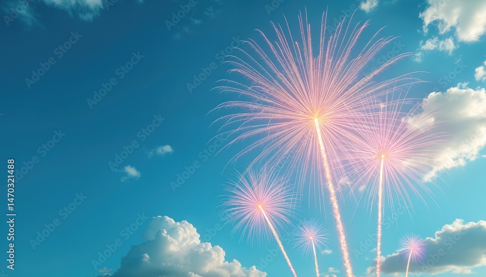 Poster fireworks explode vibrant colors against blue sky. celebration event on holiday. burst of light, pyr