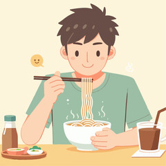 illustration of a man eating noodles