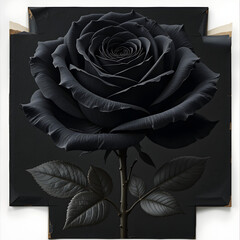 Elegant Black Rose with Dark Green Leaves on Black Background, Gothic Floral Art, Dark Romantic Flower, Artistic Still Life, Mourning or Halloween Theme, Elegant Floral Decoration