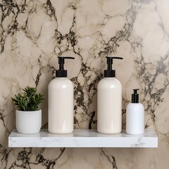 Elegant skincare bottles on a marble shelf against a textured backdrop
