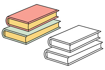 Stacked vintage style books with pink, green, and yellow pages appears with black and white counterparts