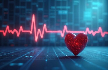 Electrocardiogram displays heartbeat cardiogram with red pulse line. Glowing heart, healthcare medical concept, cardiology. Diagnostic medical technology, cardiovascular health, heart rate monitoring.