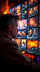 Fototapeta premium Focused Operator Monitors Multiscreen
