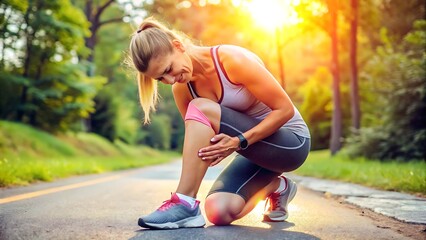 Young Woman Runner with Leg Injury on Park Path
