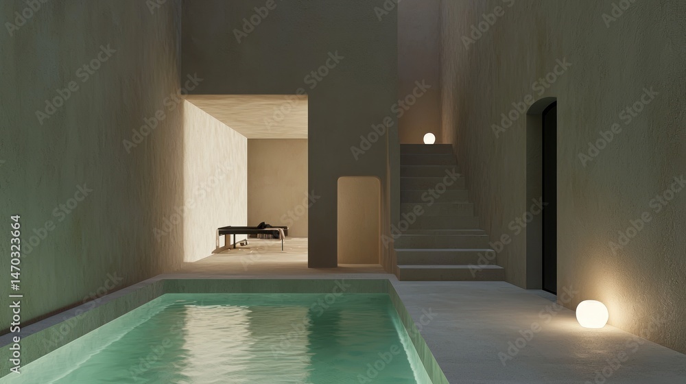 Poster modern indoor architecture with pool and recessed stairwell leading upwards
