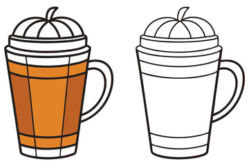 Two pumpkin spice latte mugs with one in color and one outlined