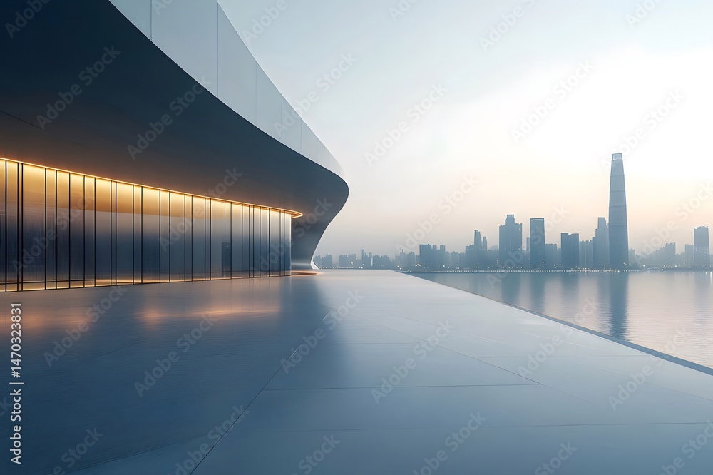 Aufkleber 水辺の近代的な灰色と白の建築物と街のスカイラインの景色の描写とミニマリストデザイン