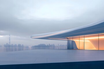 水辺の現代建築 都市の景観を映す滑らかな曲線デザイン 淡い照明がアクセントになったコンクリート建築 夜空の下で輝く都会的な抽象構造物