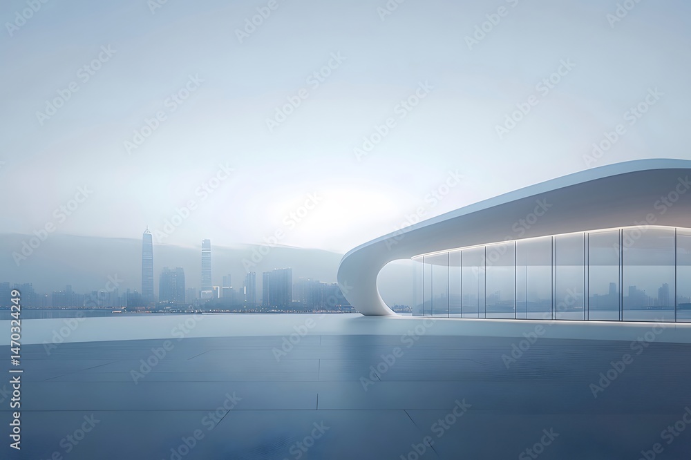 Poster ミニマリストの白い建物と水の反射のある都市景観とスカイラインのパノラマビュー