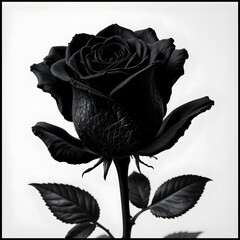Elegant Black Rose with Dark Leaves on White Background, Gothic Floral Arrangement, Dark Romantic Flower, Fine Art Photography, Sad Love Theme, Halloween or Gothic Decor