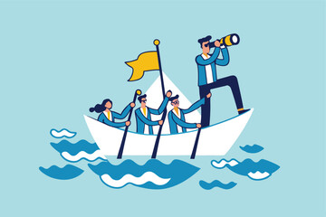 Leadership to lead business in crisis, teamwork or support to achieve target, vision or forward strategy for success concept, businessman leader with binoculars lead business team sailing origami ship