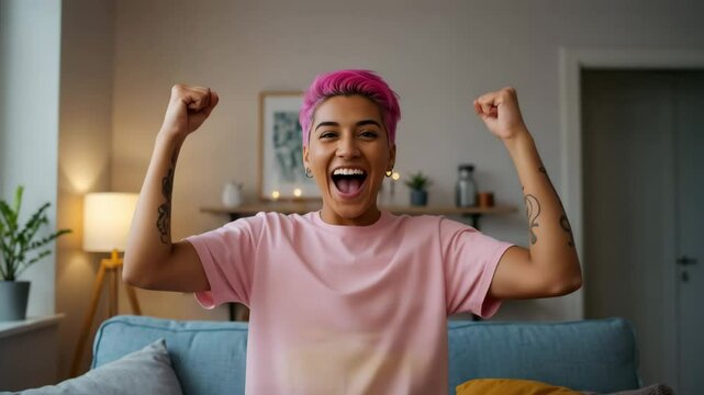 Non-binary individual celebrating personal success at home, arms raised in victory, surrounded by art supplies and affirming decor