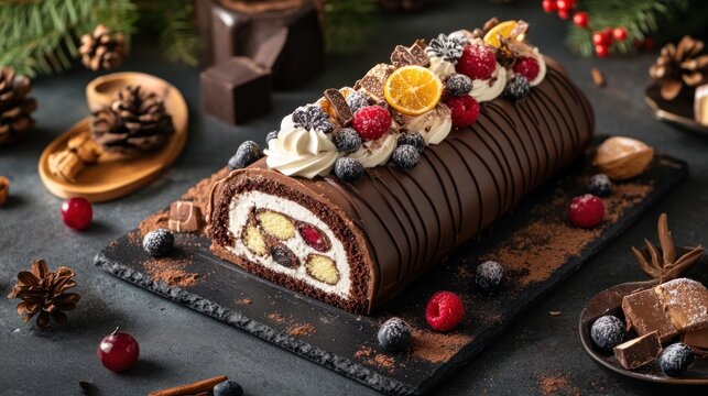 Festive Chocolate Log Cake Decorated with Berries and Cream