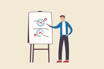 Business strategy planning, marketing tactic to achieve target, project blocker and solution to win and success concept, smart businessman presenting business winning strategy on whiteboard.