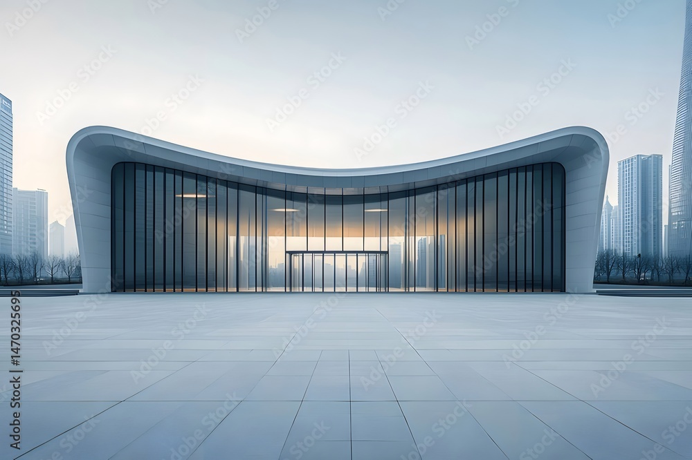 Aufkleber 抽象的な現代建築の外観はガラスのファサード、白い壁が特徴で、都市景観を背景にミニマリスト デザインが施されています