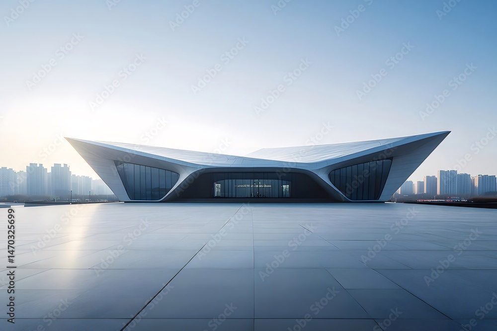 Aufkleber 白い外観の現代的な建築物が都市のスカイラインを背景にミニマリストのデザインを示している