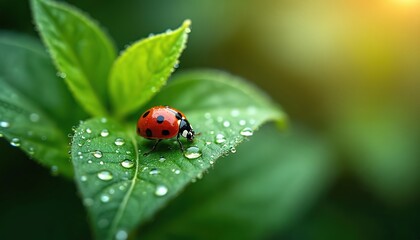 Fototapeta premium Red ladybug crawls on vivid green leaf adorned with glistening water droplets. Freshness freshness, nature scene. Insects in wild life, macro photography, botanical exploration, ecology. Springtime,