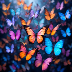 Vibrant Multicolored Butterflies Flying Amidst Blue and Purple Bokeh Background, Nature Scene, Butterfly Migration, Summer Wildlife, Bright Insect Collection for Nature Photography