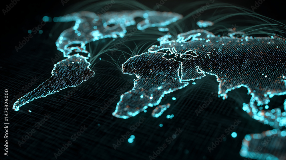 Poster glowing teal world map, digital particle representation, showcasing global connections and networkin