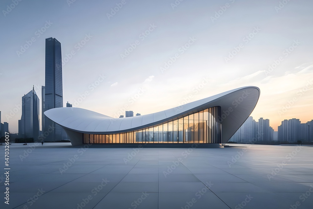 Aufkleber 白い曲線の屋根が特徴的な現代建築の建物 空と都市のスカイラインを背景に持つ都市景観デザイン