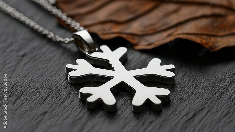 Poster shiny silver snowflake pendant displayed on dark textured surface