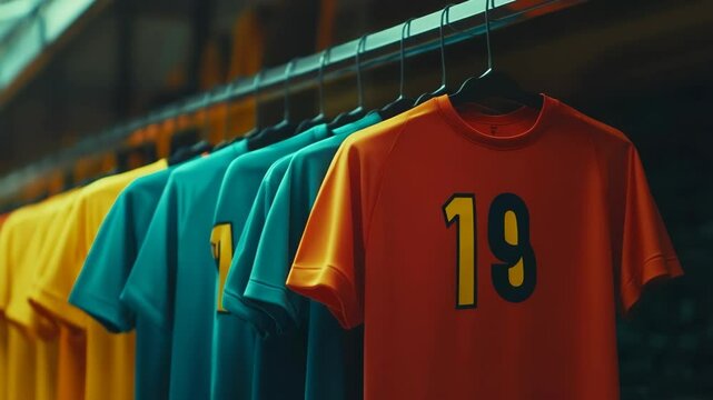Colorful sport jerseys with the number 19 hanging on a rack, in shades of yellow, green, and orange, studio shot